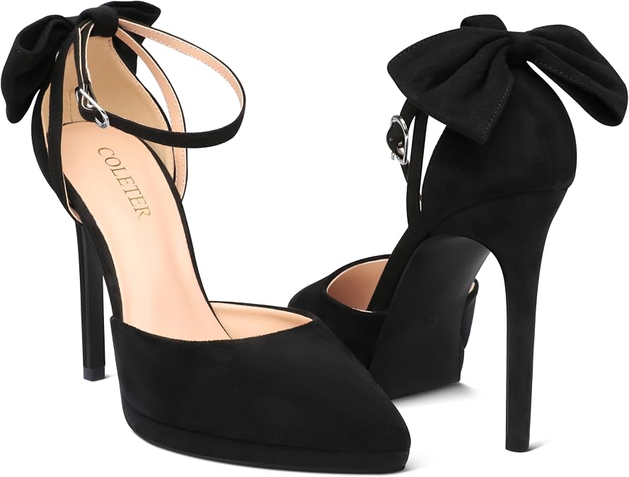 COLETER Women's D'Orsay Back Bow Pumps Ankle Strap Platform Wedding Shoes