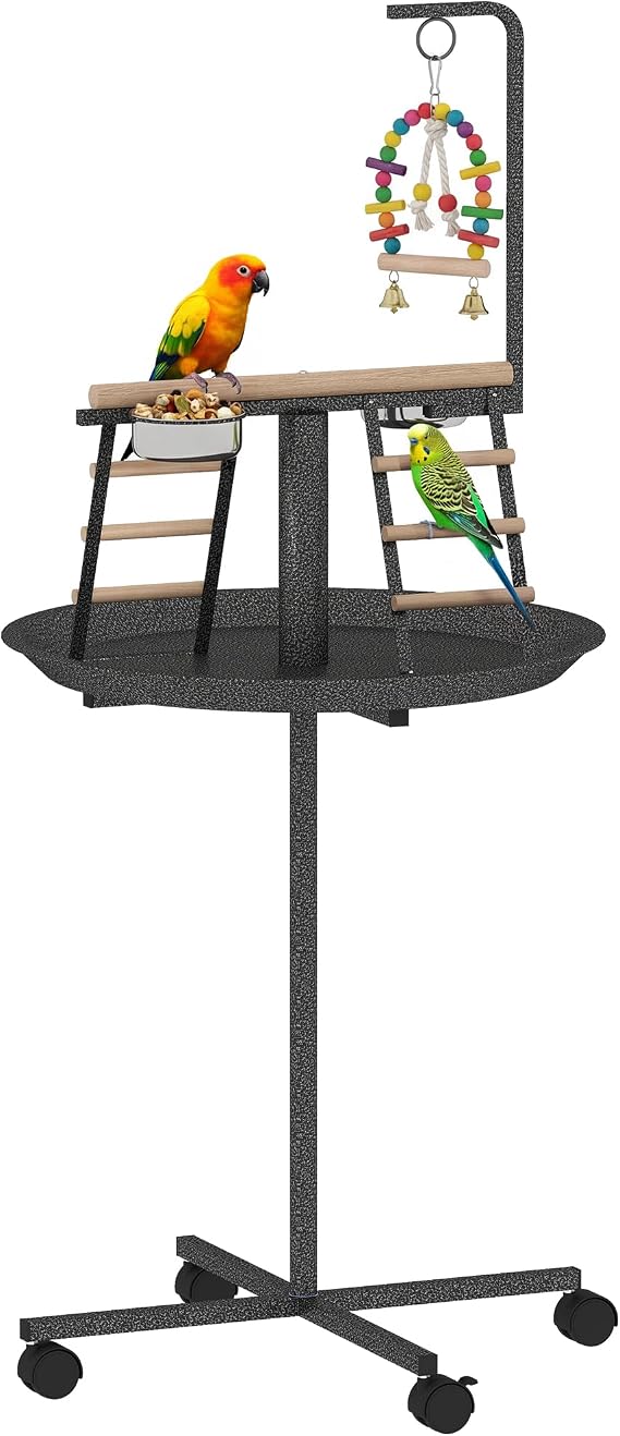 PawHut Bird Stand with Wheels, Perch, Stainless Steel Feed Bowls Dark Gray