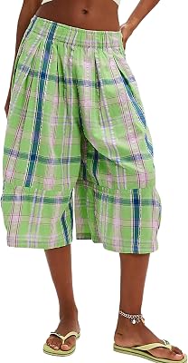 Summer Boho Wide Leg Culotte Pants for Women Casual Loose Elastic Waisted Palazzo Trousers Plaid Capris with Pockets