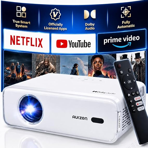 Aurzen Projector Home Use Compact 2025 New Evolution·Netfilix CompatibleCeiling Projection 1080P 200ANSI Lumen Large Screen Auto Keystone Correction HiFi Speaker Dolby Compatible Auto Focus 4K