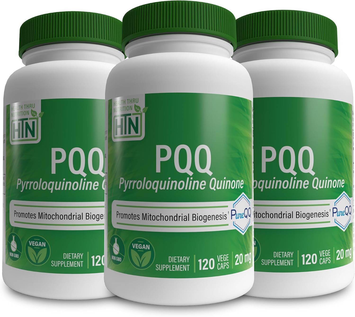 Health Thru Nutrition PQQ 20mg Pyrroloquinoline Quinone as PureQQ | Vegan Certified, Non-GMO Gluten Free | Promotes Mitochondrial Biogenesis Pack of 3 120ct Bottles