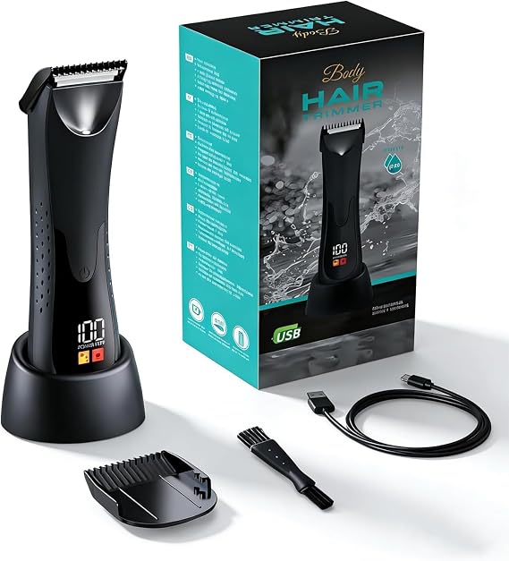 Body Trimmer for Men - Waterproof Pubic Hair Trimmer for Men with Ceramic Blade Heads, Ball Shaver for Private Parts, LED Light & Display