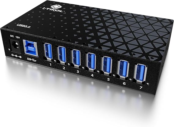 7 Port USB 3.0 Hub - Powered USB Hub Multiple USB Splitter with Built-in 12V/3A/36W Power Adapter - Up to 5Gbps Sync & High-Speed Data Transfer - Mounting Brackets for Phone MB Laptop Tablet PC