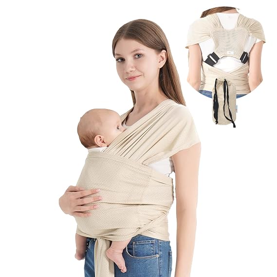 Baby warps Carrier,Air-Mesh Fabric,Cooling for Summer Baby Sling Carrier,Breathable Adjustable Strap Baby Hold Carrier for Newborn Up to 40 lbs (Air-Mesh Beige)