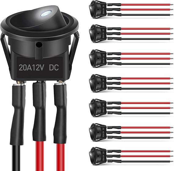 Nilight 8PCS Round Rocker Switches 12V 24V 20A White LED Toggle swtiches SPST with 16AWG Presoldered Wires 3Pin 2Position for Car Truck Vehicle Boat Marine Rocker On Off Control