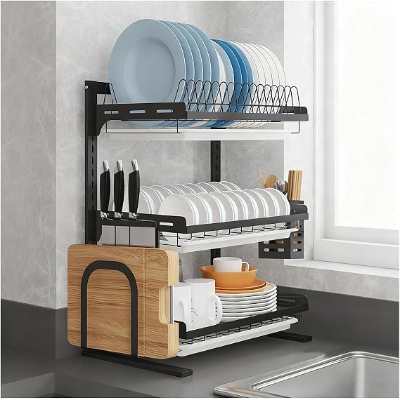 3-Tier Dish Drying Rack - Carbon Steel Dish Racks with Cutlery & Utensil Holders Organizer for Kitchen Counter, Dish Drying Rack with Drain Board Organization and Storage3 Tier