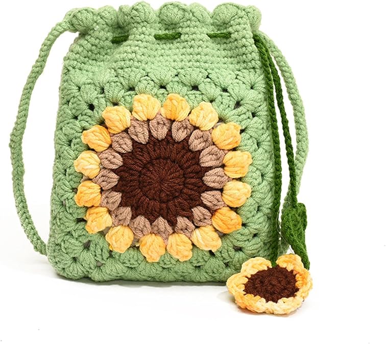 Crochet Crossbody Purse Sunflower Phone Bag Handbag Handmade Knitted Wallet Woven Shoulder Bag for Women Girl