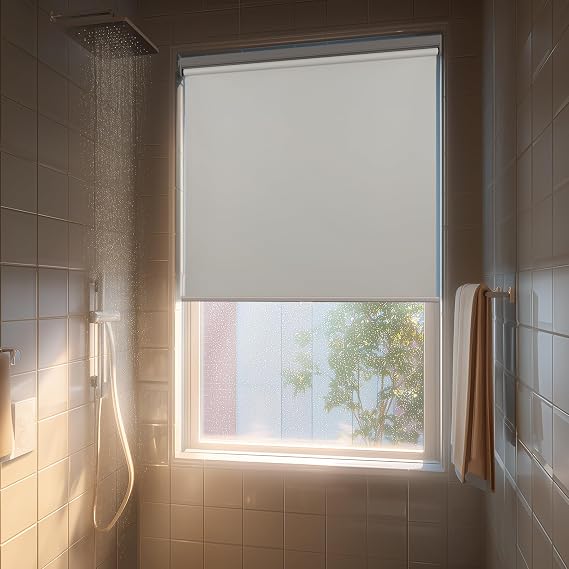 HESTIA No Drill Cordless Blackout Roller Shades Screwless Waterproof Shower Window Blinds, Auto-Retraction Easy Install Blind for Bathroom/Kitchen/Office/Exterior, White, 23.5" W x 54" H