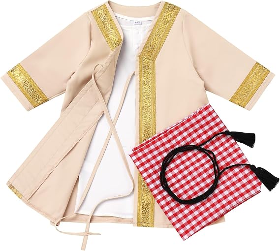 ABEWIP Newborn Baby Boy Muslim Abaya Sets Outfits Black Gold Kaftan White T Shirt Red Turban Arabic Dubai Outfits