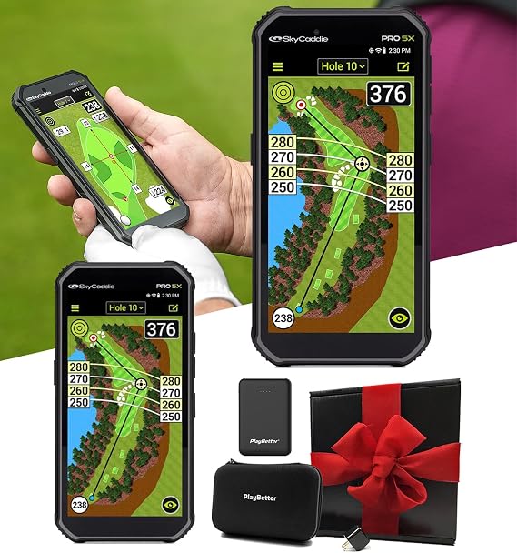 SkyCaddie PRO 5X Handheld Golf GPS Gift Box Bundle | 5.5" Display, 35K Maps, TruePoint Precision, Dynamic HoleVue | Includes PlayBetter Portable Charger, Wall Adapter & Case