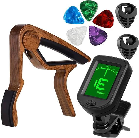 Guitar Accessory Kit, Clip-On Tuner, Rosewood Capo with 5 Picks