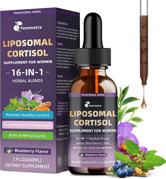 16-IN-1 Liposomal Cortisol Supplements Drops for Women & Men,Melatonin-Free | Cortisol Reducer with 300mg Ashwagandha,L-Theanine, GABA& Magnesium for Relaxation,Stress & Sleep,Blueberry Flavor, 2 Fl Oz