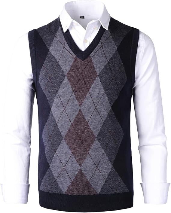 Mens Classic V-Neck Vest Sleeveless Jumper Slim Fit Knitted Gilet Tank Top Waistcoat Gilet Sweater Plaid Decoration