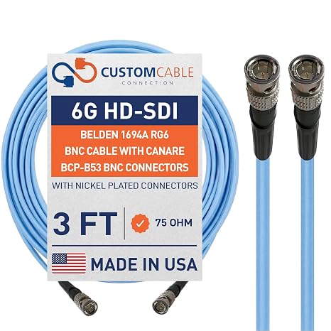 Custom Cable Connection 3 Foot Belden 1694A 3G/6G HD-SDI RG6 Cable (75 Ohm) with Canare BCP-B53 BNC connectors Blue # 104501-3