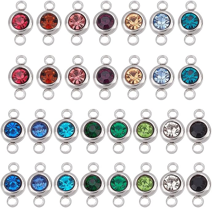 UNICRAFTALE 30pcs 10 Colors Rhinestone Link Connectors Stainless Steel Flat Round Birthstone Crystal Glass Linking Pendant 12mm Charm Connectors for Jewelry Making