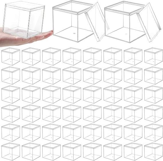 48Pcs Small Clear Acrylic Box with Lid, Plastic Candy Box Bulk Square Cube Storage Container Mini Display Boxes for Pill Buttons Organizer Artwork Gift Packaging, 6.5 x 6.5 x 6.5 cm