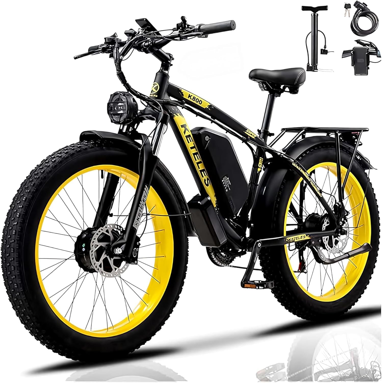 KETELES Electric Bike for Adults, 48V 23AH Removable Battery Long Range AWD Dual Motor Ebike, 26x4 Fat Tire All Terrain EBikes， 21 Speed Hydraulic Brake Electric Bicycles