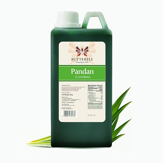 Butterfly Pandan Flavoring Extract, 1 Liter, 33.8 Fl Oz, Pandan Paste | Paste Strength Extract For Baking, Drinks & Mixing, Buko Desserts, Waffle Mix, Syrup, Coffee & Tea, Green Leaf Paste & Latte
