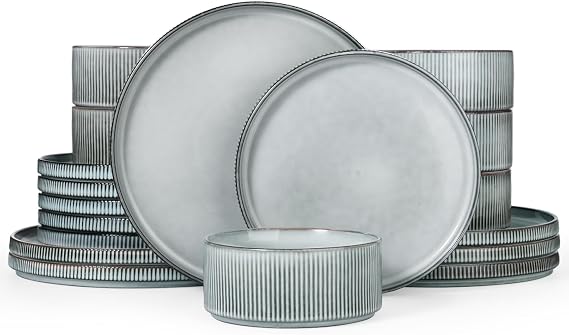 Richmount Star Plates and Bowls Set, 18 Pieces Dinner Sets for 6 People, Stoneware Dinnerware Sets with Dinner Plates/Salad Plate/Cereal Bowls, Dishwasher & Microwave Safe, Smoky Blue