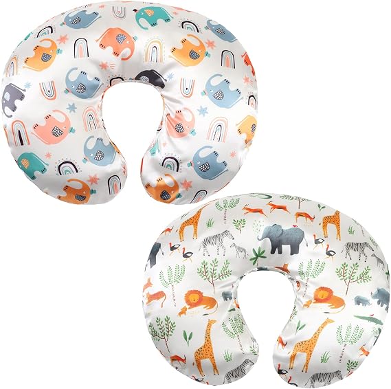 Satin Nursing Pillow Cover Set 2 Pack Ultra Soft Silk Compatible with Boppy Pillow Protect for Baby Hair and Skin Elephant & Rhino Lion
