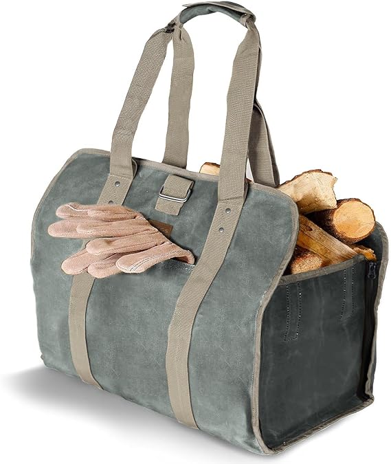 Haegs Zippered Heavy Duty Bag, 2in1, Fireplace Wood Bag, Waxed Canvas, Fuel Log Carrying Storage Bag [Fireplace Woodshed Camping Fire Pit Wood Stove Supplies Bag] - Crocodile Green