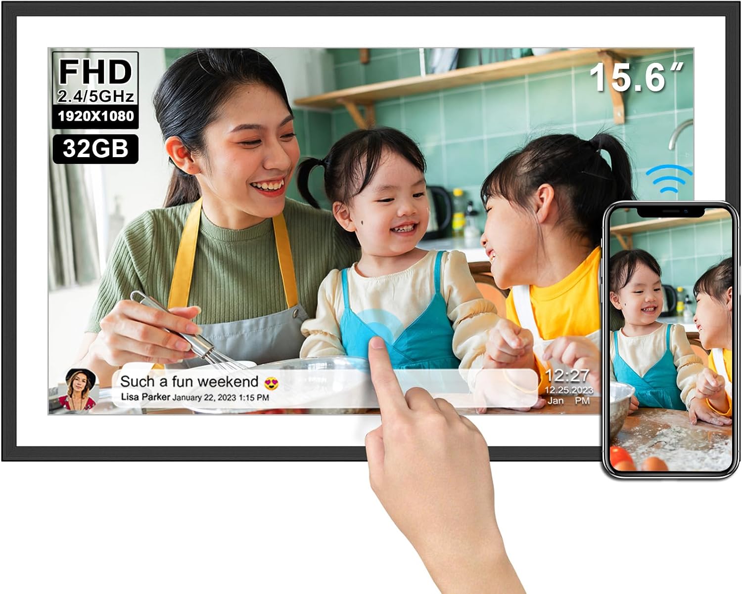 32GB Digital Photo Frame 15.6 inch WiFi Digital Photo Frame with Free SSA App to Easily Share Photos and Videos, 1920x1080 FHD IPS Touch Screen, Automatic Rotation