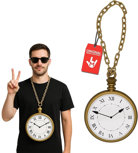Morph Jumbo Clock Necklace Prop 10 Oversized Clock on 16 Chain White Rabbit Flavor HipHop Costume Accessory Lightweight Plastic Cosplay Halloween Decoration