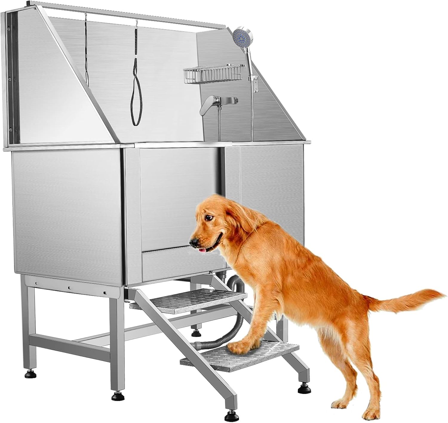 Professional Dog Bathing Station Stainless Steel Pet Grooming Tub 50 Dog Bathtub for Large,Medium&amp;amp;amp;Small Pets, Dog Washing Station for Home, Removable Floor Grate, Left Ramp