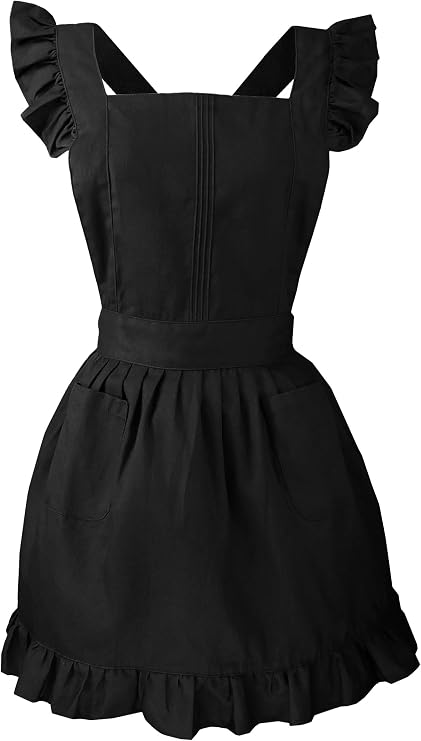 Retro Adjustable Ruffle Apron Kitchen Cooking Baking Cleaning Maid Costume (Black)