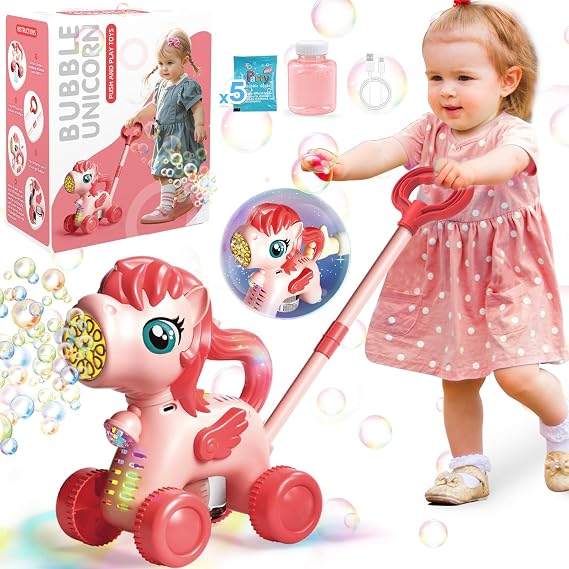 Chridar Unicorn Bubble Lawn Mower, Outdoor Toy for Kids 3-5 Birthday Gift