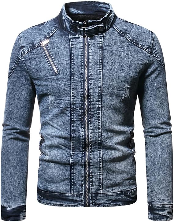 Men Denim Jacket Moto Jean Jacket Autumn Solid Stand Collar Mens Denim Jacket Casual Coat Men