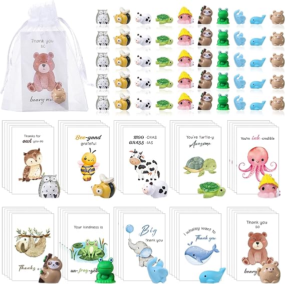 BESARME 50 Set Employee Appreciation Gifts Bulk, Appreciation Gifts for Coworkers Staff Thank You Gift Resin Animal Gift Set with Inspirational Note Cards