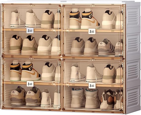 ANTBOX Portable Shoe Rack Organizer for Closet Entryway, Stackable Sneaker Storage Shoe Cabinet with Magnetic Clear Door, Large Plastic Storage containers Bins with Lids 4 Tiers 16 Pairs