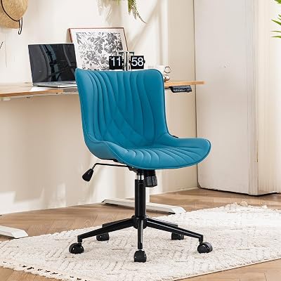 YOUTASTE Office Chair with Wheels Modern Armless Desk Chair, Adjustable Swivel Rolling Computer Task Chair, Faux Leather Sewing Chairs with Ergonomic Rocking Back Gaming Chair, Lake Blue