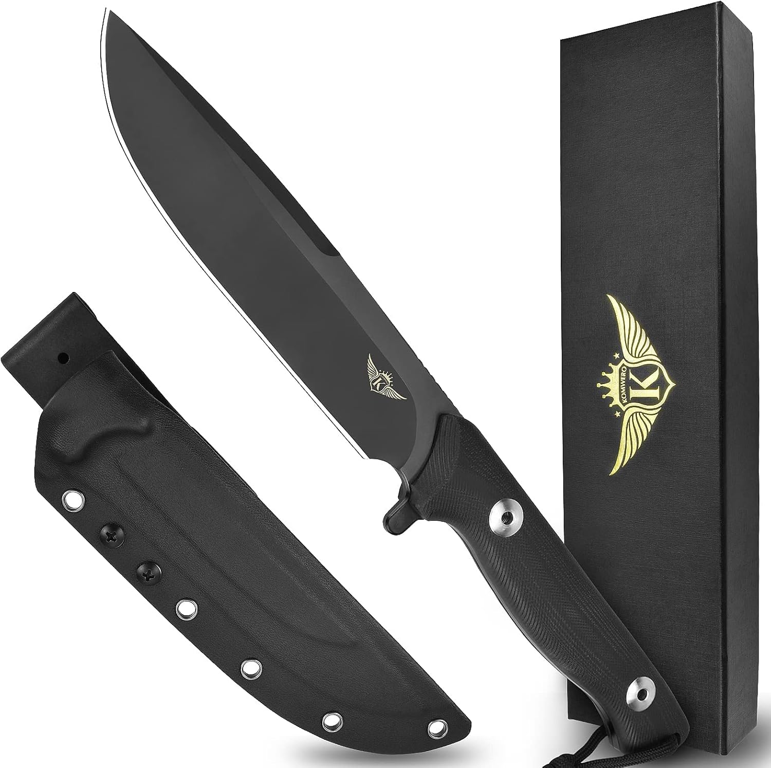 KOMWERO Camping Survival Knife, D2 Steel Fixed Blade Hunting Knife in Kydex Sheath, Black Titanium Coated Blade, Full Tang G10 Handle, Gift Box, for Hunter Outdoor Bushcraft Fishing Hiking