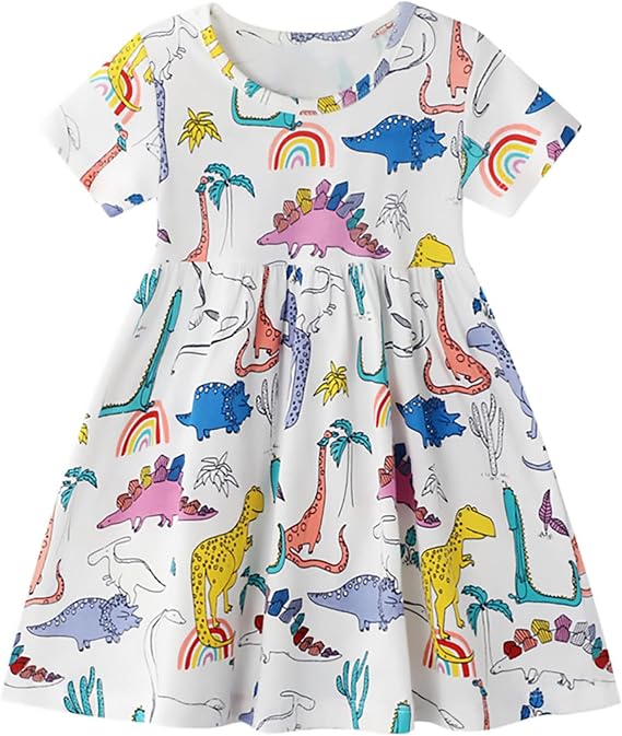 Hongshilian Toddler Girls Cotton Casual Dress Cartoon Print Short Sleeve Dress Girls Summer Sundress 2-7 Years