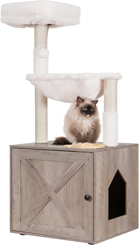 Hey-brother Cat Tree Tower, Litter Box Enclosure, Food Station, MPJ100SG