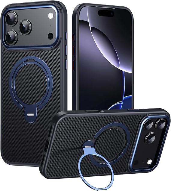 iPhone 17 Pro 用 ケース MagSafe対応 360°磁気リングスタンド iPhone 17 Pro用カーボンファイバー保護カバー - 耐衝撃 カメラ保護 傷防止 背面 ブルー