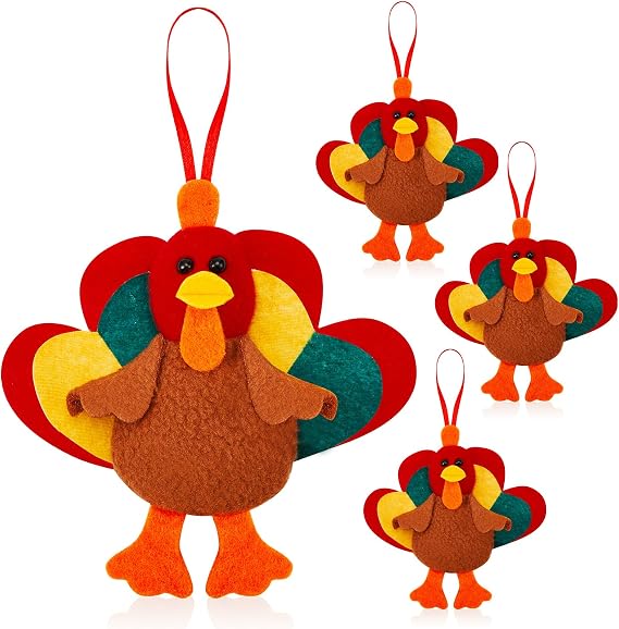 Suhine 4 Pcs Mini Turkey Plush Ornaments, Felt Thanksgiving Party Decor
