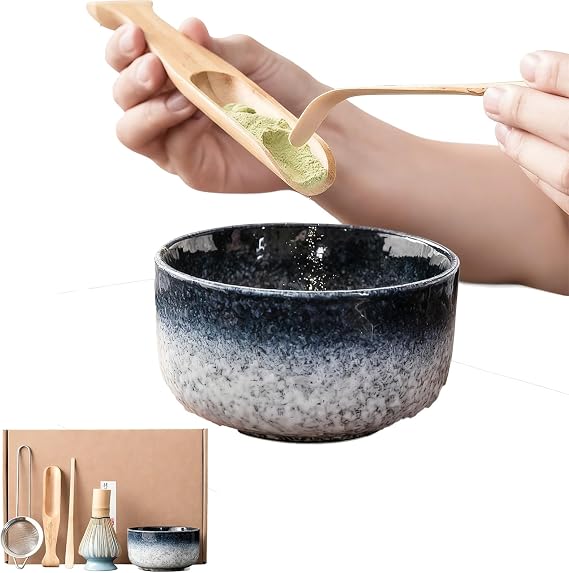 Premium Matcha Kit 4-PCS Bamboo Whisk (Chasen), Ceramic Matcha Bowl, Holder, Scoop Stainless Sifter Traditional Japanese Matcha Set for Authentic Matcha Preparation at Home(Green)