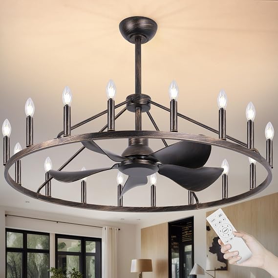 COCOSTAR 44" Rustic Wagon Wheel Chandelier Fan with Remote 16-Light | Antique Bronze, 6-speed, timer, reversible, dimmable, E12, height adj 19.5"/31.5", for living, dining.