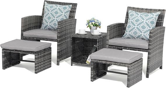 OC Orange-Casual 5 Piece Wicker Patio Furniture Set Outdoor Conversation Chair and Ottoman Set with Coffee Table Cushions Included Balcony Porch Deck Light Grey