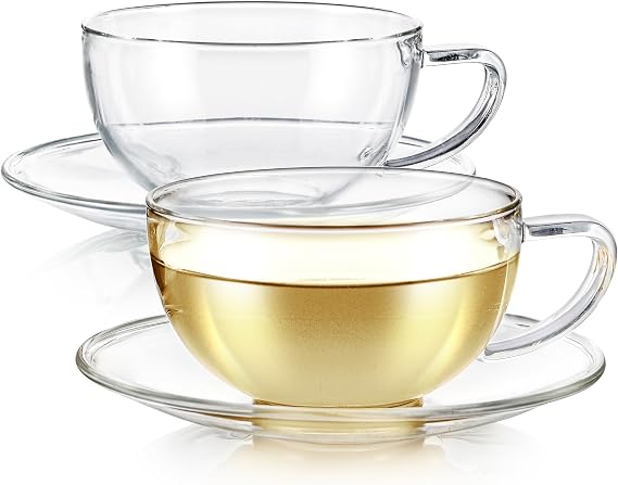 Teabloom Kyoto Teacup and Saucer Set 2-Pack Standard Teacup Size 6 OZ/ 180 ML Capacity Crystal Clear Design Premium Borosilicate Glass Heat Resistant, Microwave Safe