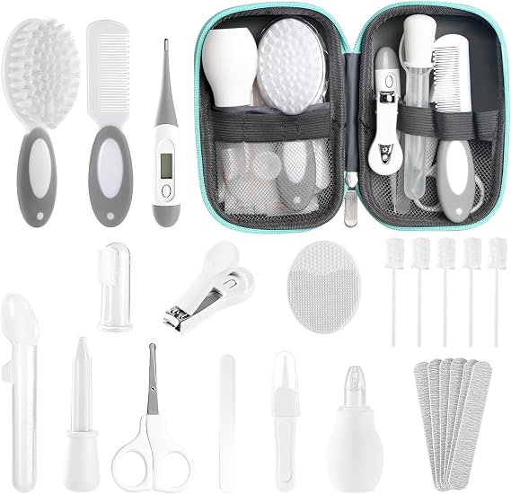 Baby Healthcare & Grooming Kit for Newborn 24 Pieces Upgraded Safety Baby Care Kit Newborn Nursery Health Care Set Baby Care Products Grey White
