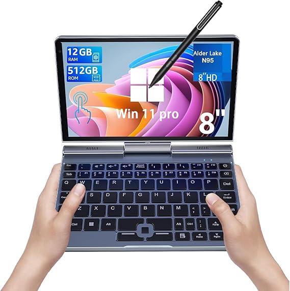 Mini Laptop, Small Laptop Win11 Pro 8 inch HD Touch Screen 2-in-1 Pocket PC 12GB LPDDR5 RAM, 512GB1TB SSD Wi-Fi 6,BT 5.2,HDMI,2MP Camera Convertible Laptop N150-12GB512GB