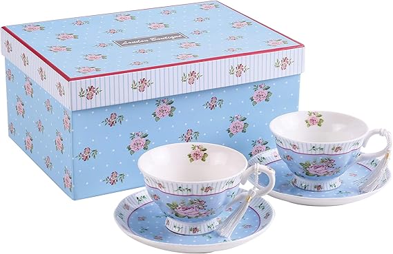 London Boutique Tea Cup and Saucer Set Afternoon Tea Set New Bone China Vintage Flora Rose Porcelain Gift Box(Rose Blue set 2)