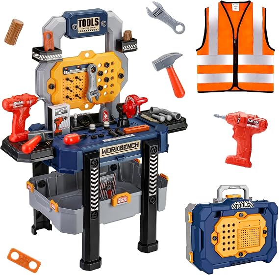Jovow Kids Tool Bench with Realistic Tools & Clothes | Suitable for 3-5 Year Olds to Build Their Own Toy Workbench, 79 Pcs Realistic Toy Tools 32 x 26.6 x 14.4 in
