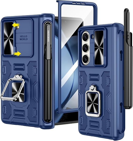 VEGO for Galaxy Z Fold 5 Case with S Pen Holder and Hinge Protection | [Ring Kickstand][Slide Camera Cover][Front HD Screen Protector] Protective Cover for Samsung Galaxy Z Fold 5 - Blue