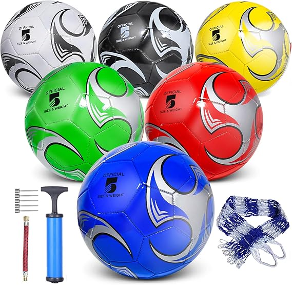 6 Pack Size 5/4/3 Soccer Balls for Training & Matches Official Size & Weight, Includes Carry Net, Needles, Air Pump Ideal for Youth and Adult Players