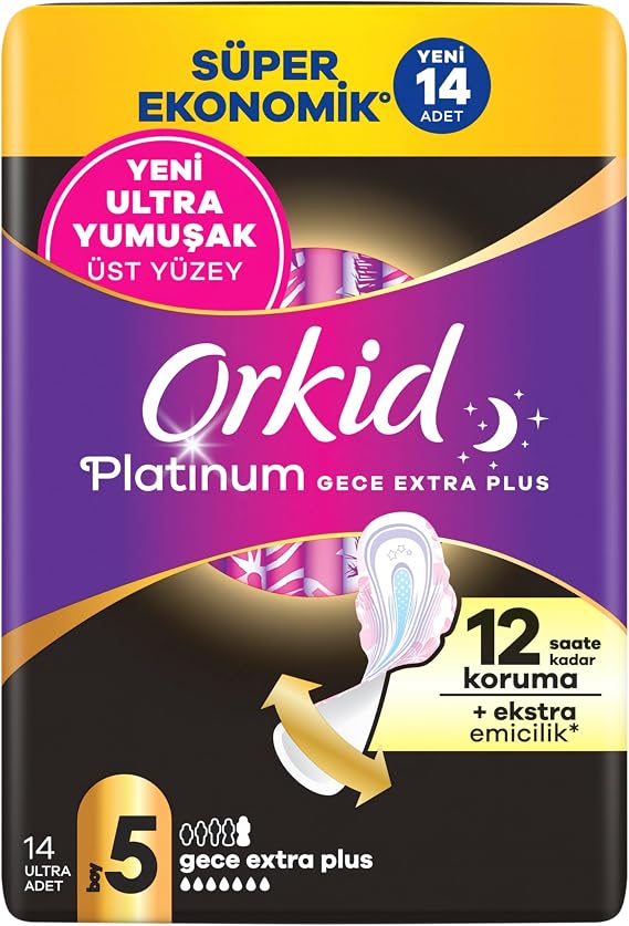 Orkid Platinum Hijyenik Ped Gece Ekstra Plus (Boy 5) Süper Ekonomik Paket 14 Adet Ped